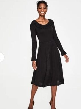 Boden Black Knit Classic Ruffle Long Sleeve Flare Midi Dress Size 8